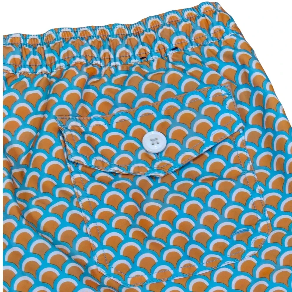 J Crew Flex Swim Trunks Men's M Blue Orange Geometric Print Mesh Lined Shorts